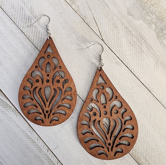 LONG Big Wooden Earrings, Wooden Earrings - Picture 2 of 2